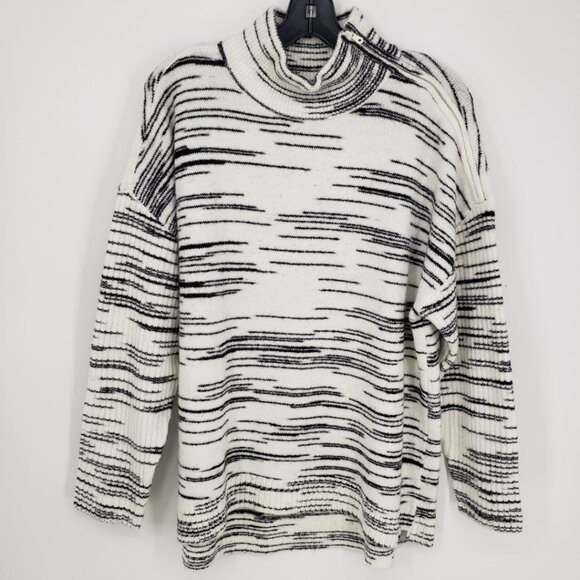 T by Talbots Mock Neck Space Dye Sweater LP Zip Detail Pullover Cream Black - Picture 2 of 8